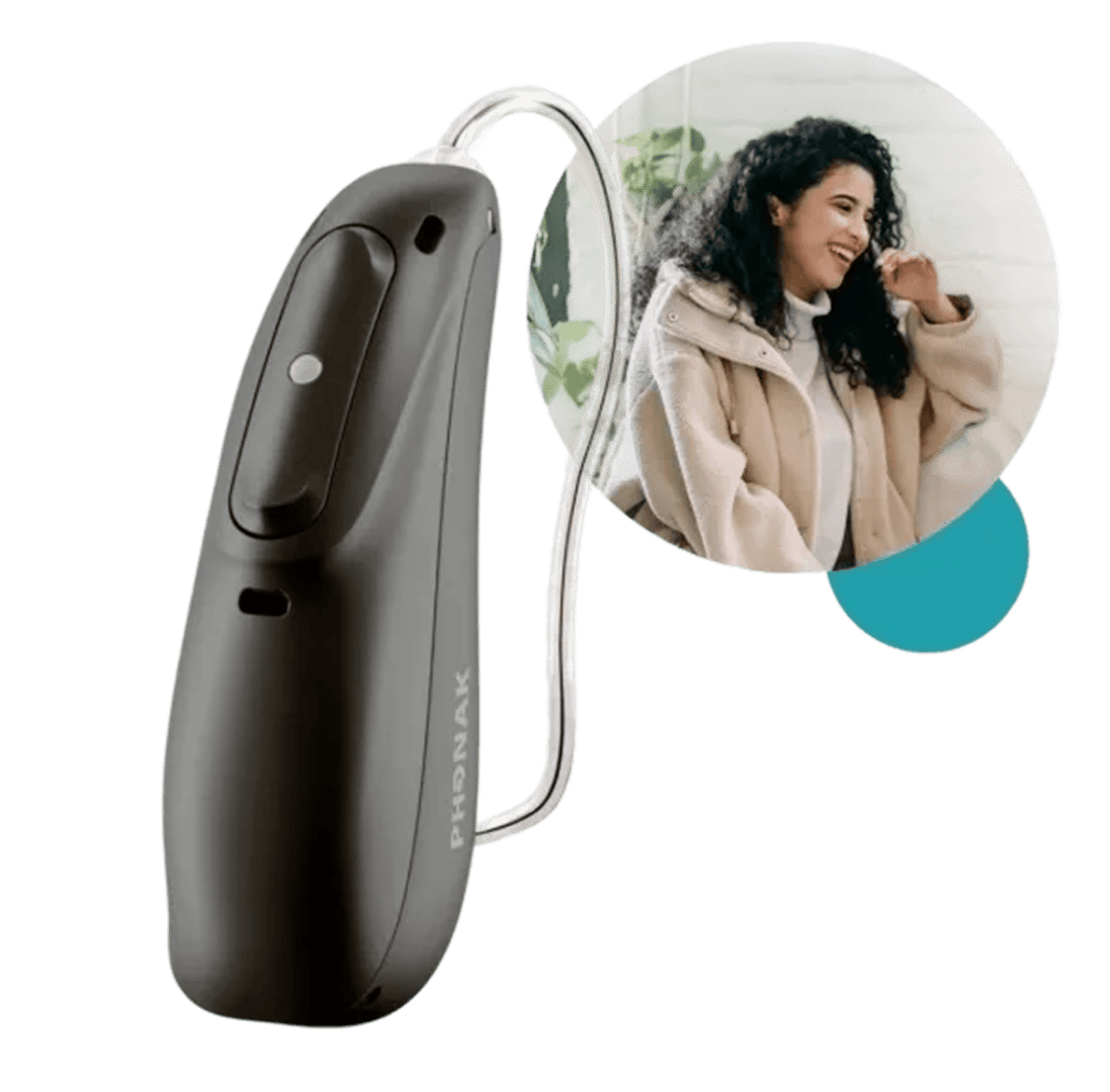 Hearing aid with smiling woman inset