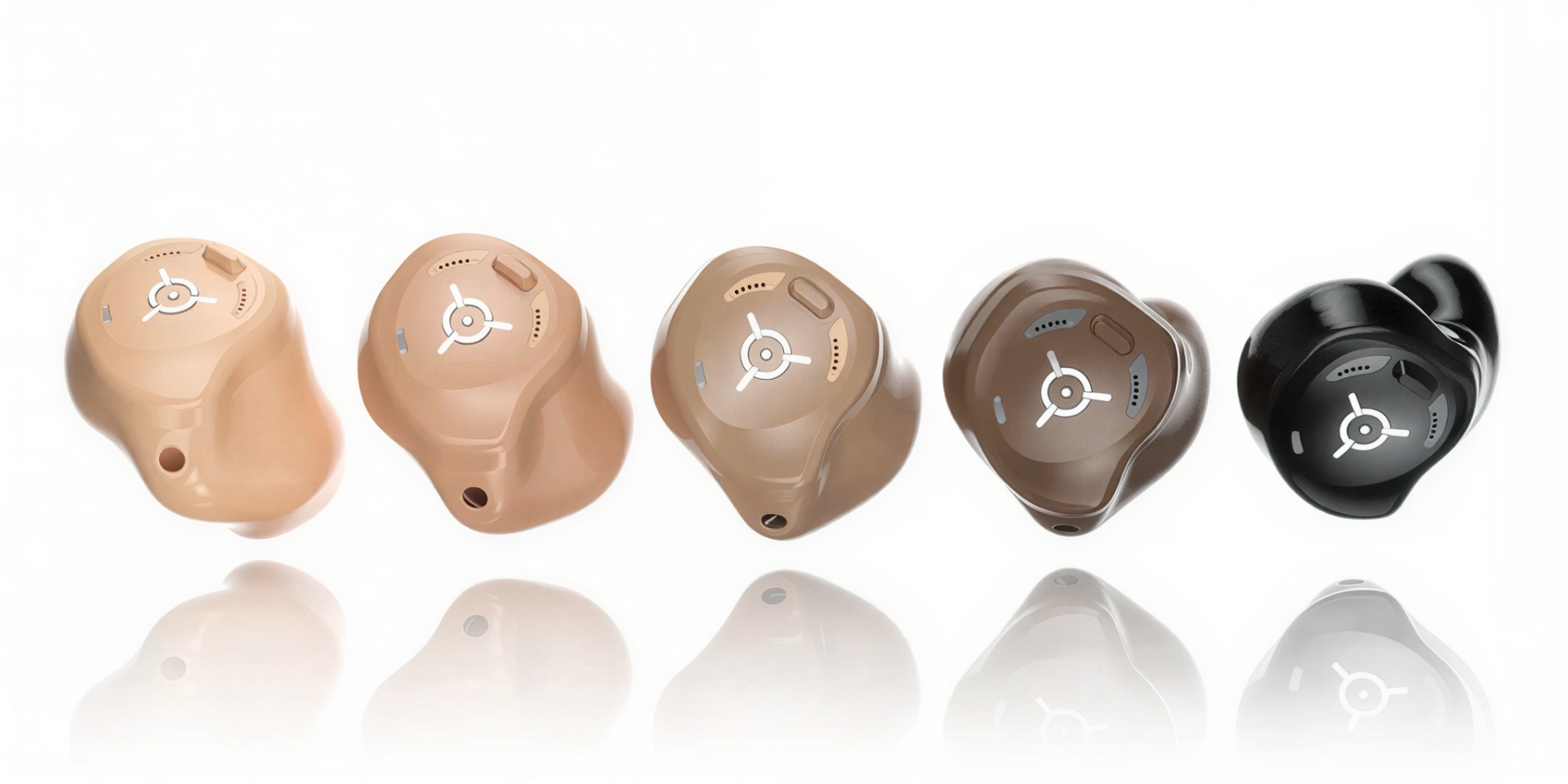 Five different colored hearing aids