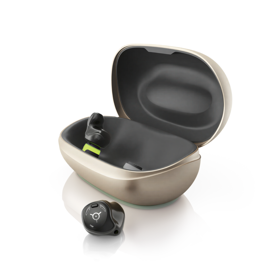 Modern earbuds in open case